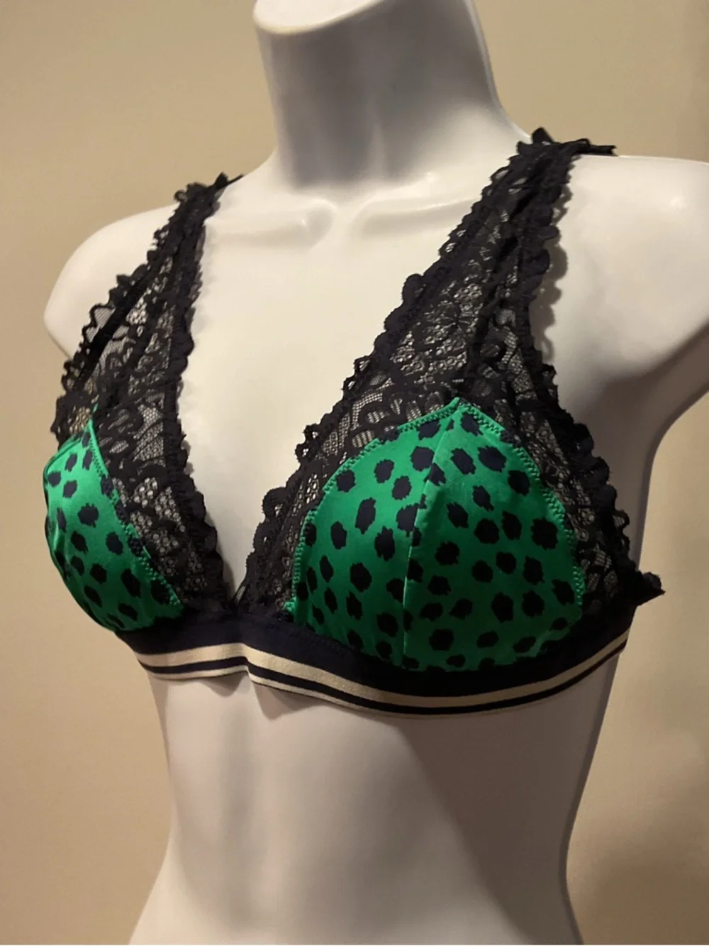 Aerie Green Lace Triangle Bralette | Med Leopard Print Mesh Soft Cup | Swim Top - Picture 10 of 11